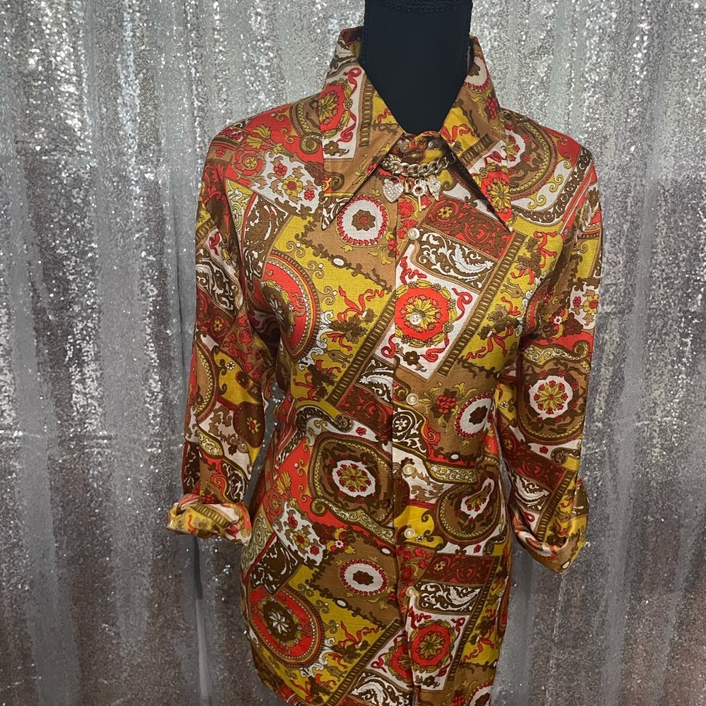 Long Sleeve Patchwork Print Button down Blouse